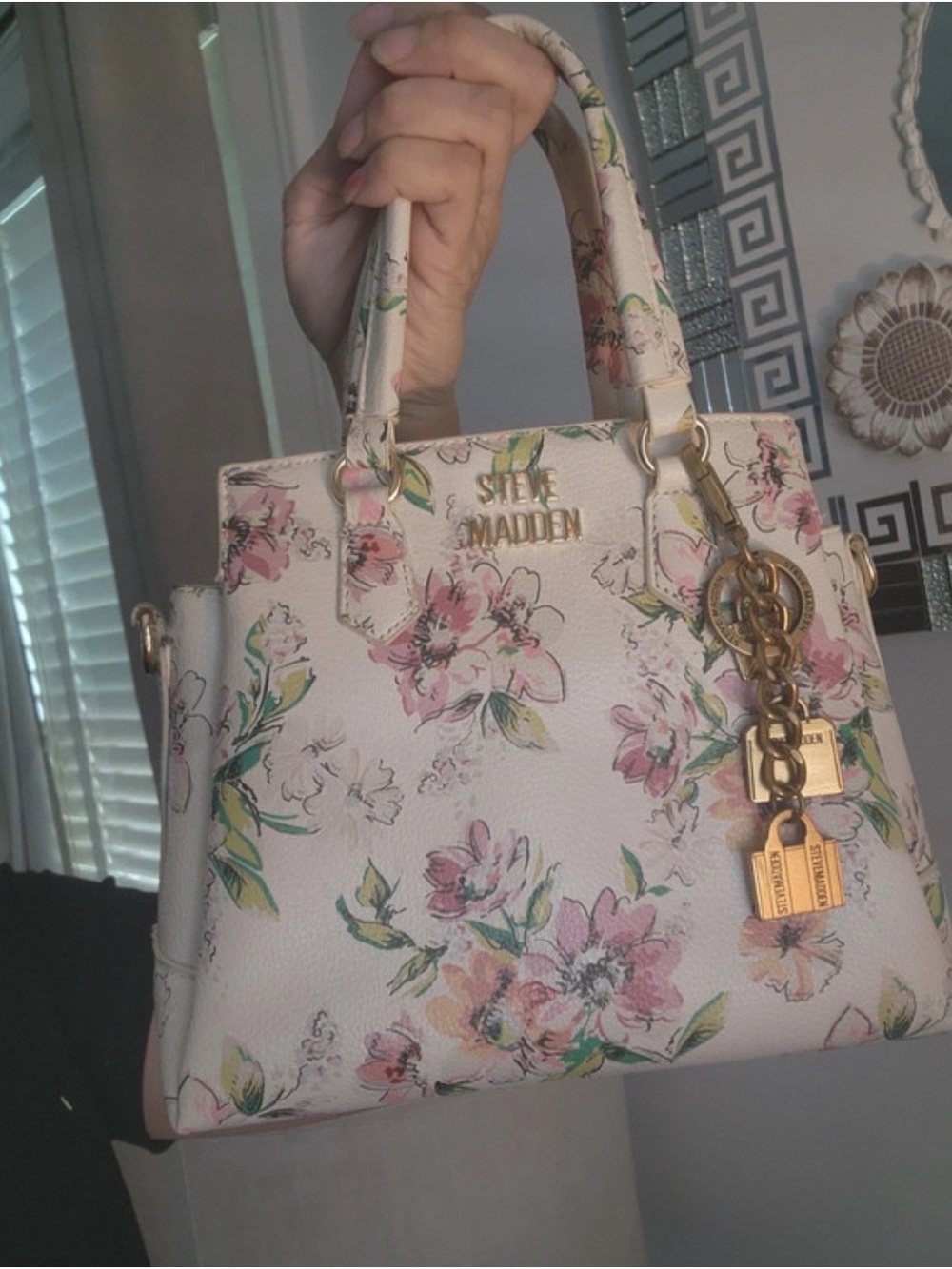 Steve Madden Floral Satchel Handbag - Pink, Cream, Green
